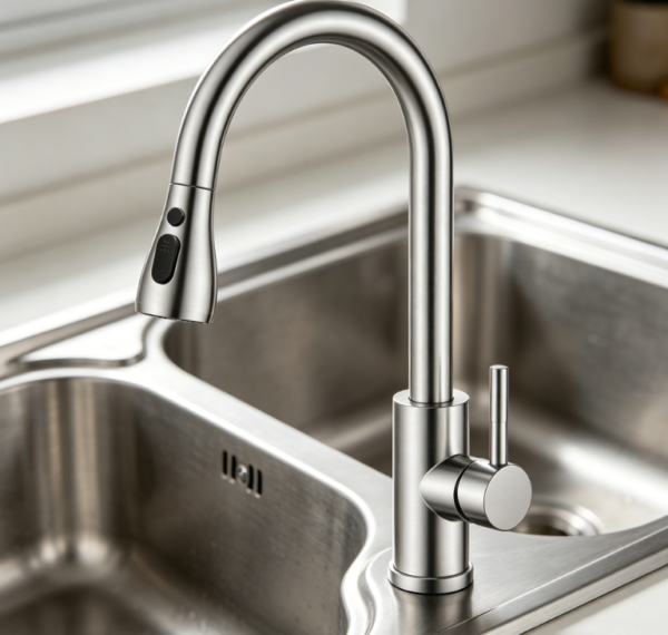 Brushed nickel high arc kitchen faucet features a single handle and pull down sprayer  Made of premium stainless steel, it fits 1 or 3 hole installation and works perfectly for farmhouse sinks, campers, laundry areas, RVs and bar spaces 