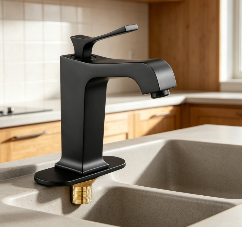 This single handle sink faucet adopts a sleek matte black finish and waterfall style spout Equipped with a push button drain, it is applicable to kitchen sinks, bathrooms, RVs, bar sinks and public restrooms