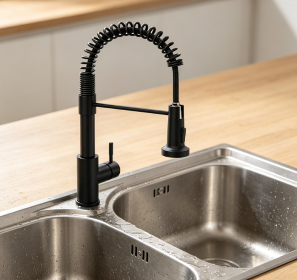 Matte black single hole kitchen faucet is built with a spring style pull down sprayer  It suits farmhouses, RVs, laundry rooms, outdoor spaces and campers for versatile daily use 