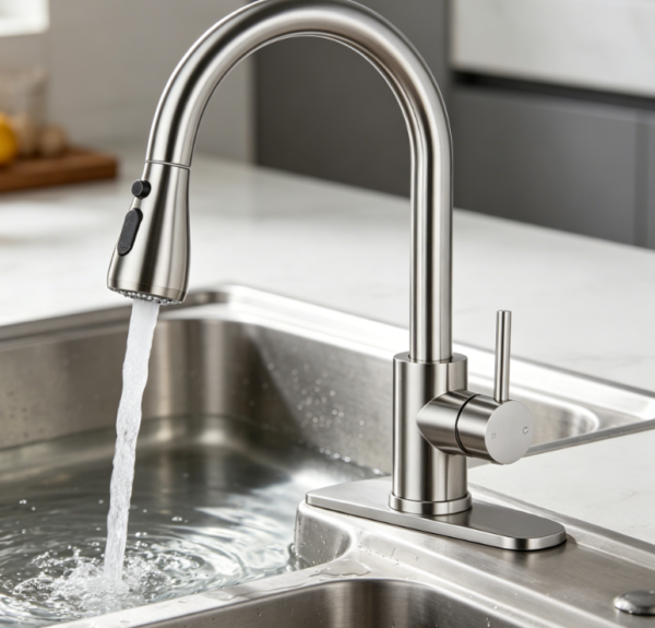 Brushed nickel high arc stainless steel kitchen faucet is designed with a single handle and pull out sprayer  It comes with a matching deck plate, supporting installation in RVs, laundry areas, farmhouses and bars 