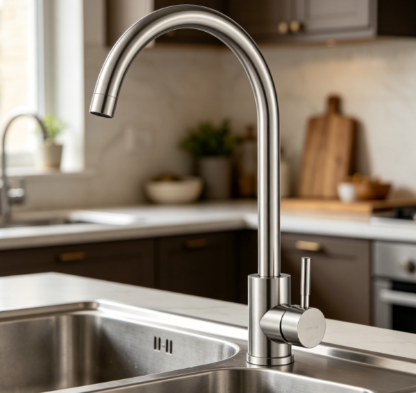 Single handle high arc kitchen faucet is crafted from brushed nickel stainless steel  Featuring a modern look for single hole installation, it is a practical choice for regular kitchen use and commercial bar sinks 