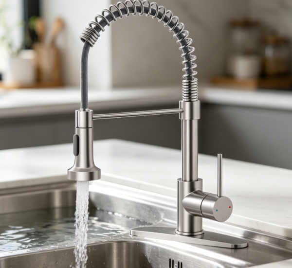 This brushed nickel stainless steel kitchen faucet comes with a single handle and spring style pull out sprayer  Compatible with 1 or 3 hole mounting, it offers dual spray functions and is ideal for farmhouses, campers, laundry rooms, RVs and wet bars 